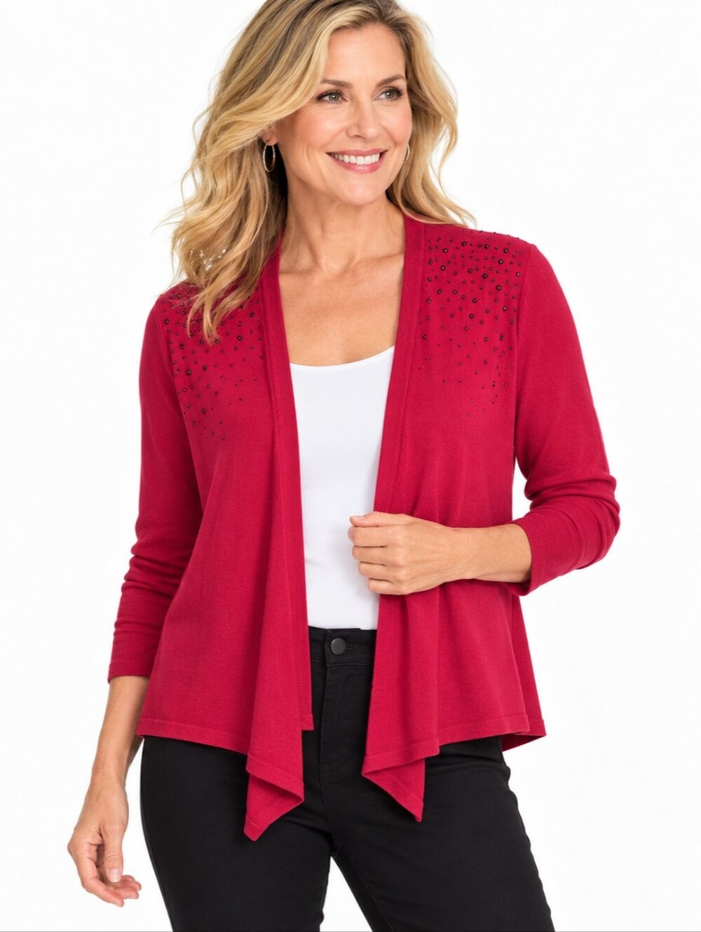 Chico's Beaded Open Front Cardigan Sweater Red Size 1 M Bejeweled Drape Front